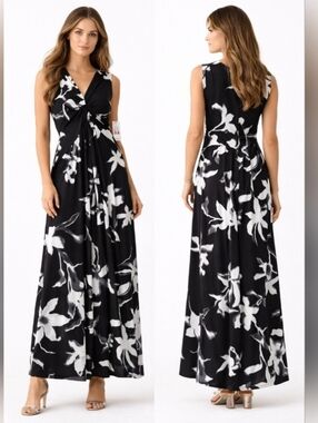 Calvin Klein Black and White Floral Twist-Front Maxi Dress Jersey